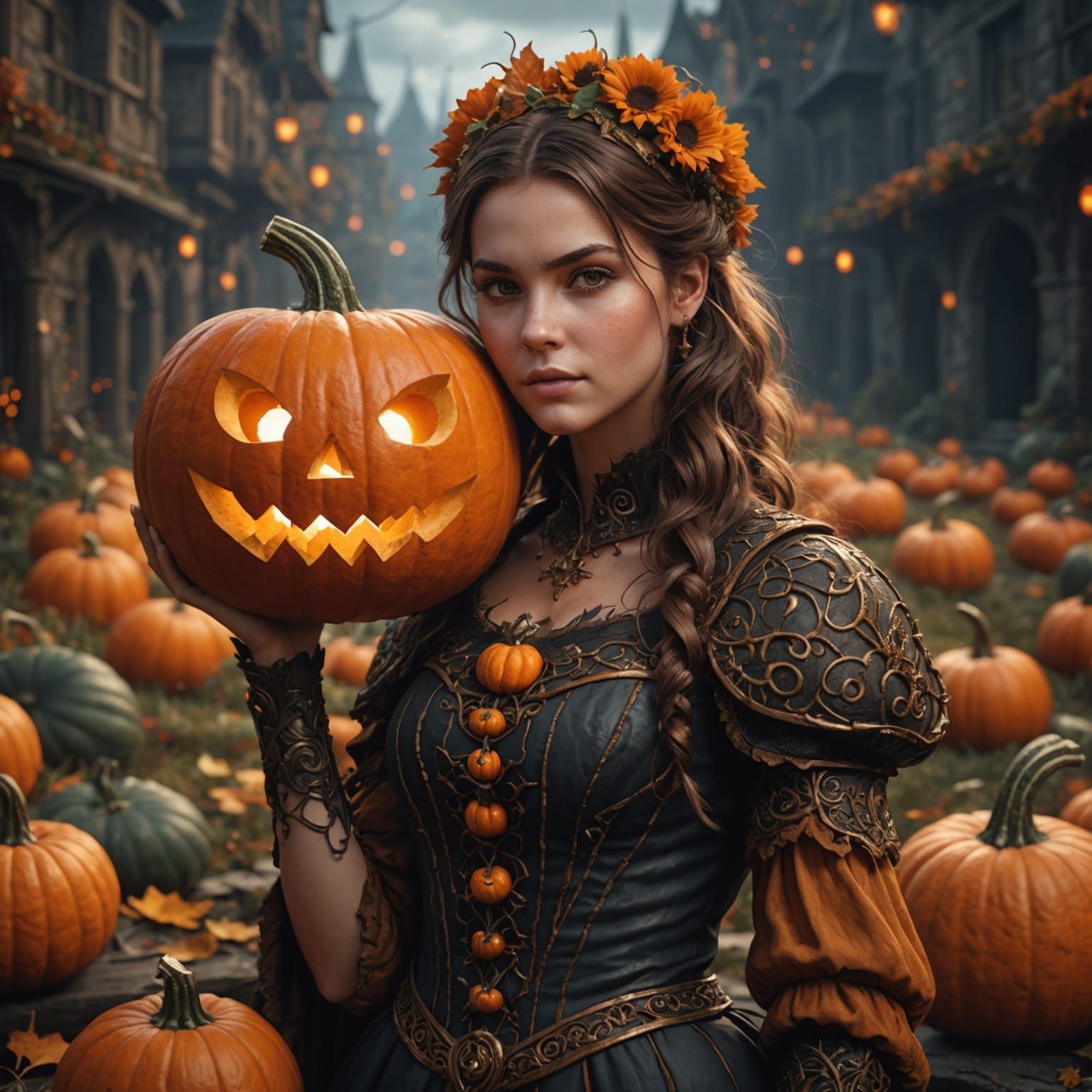 Girl with Brown Hair as a Pumpkin
