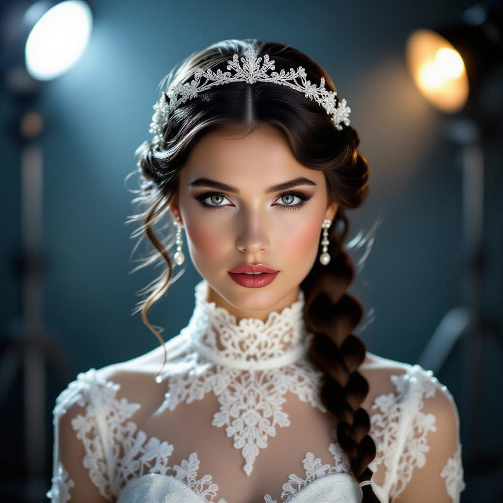 Raven-Haired Model in White Lace: 1920s Glamour