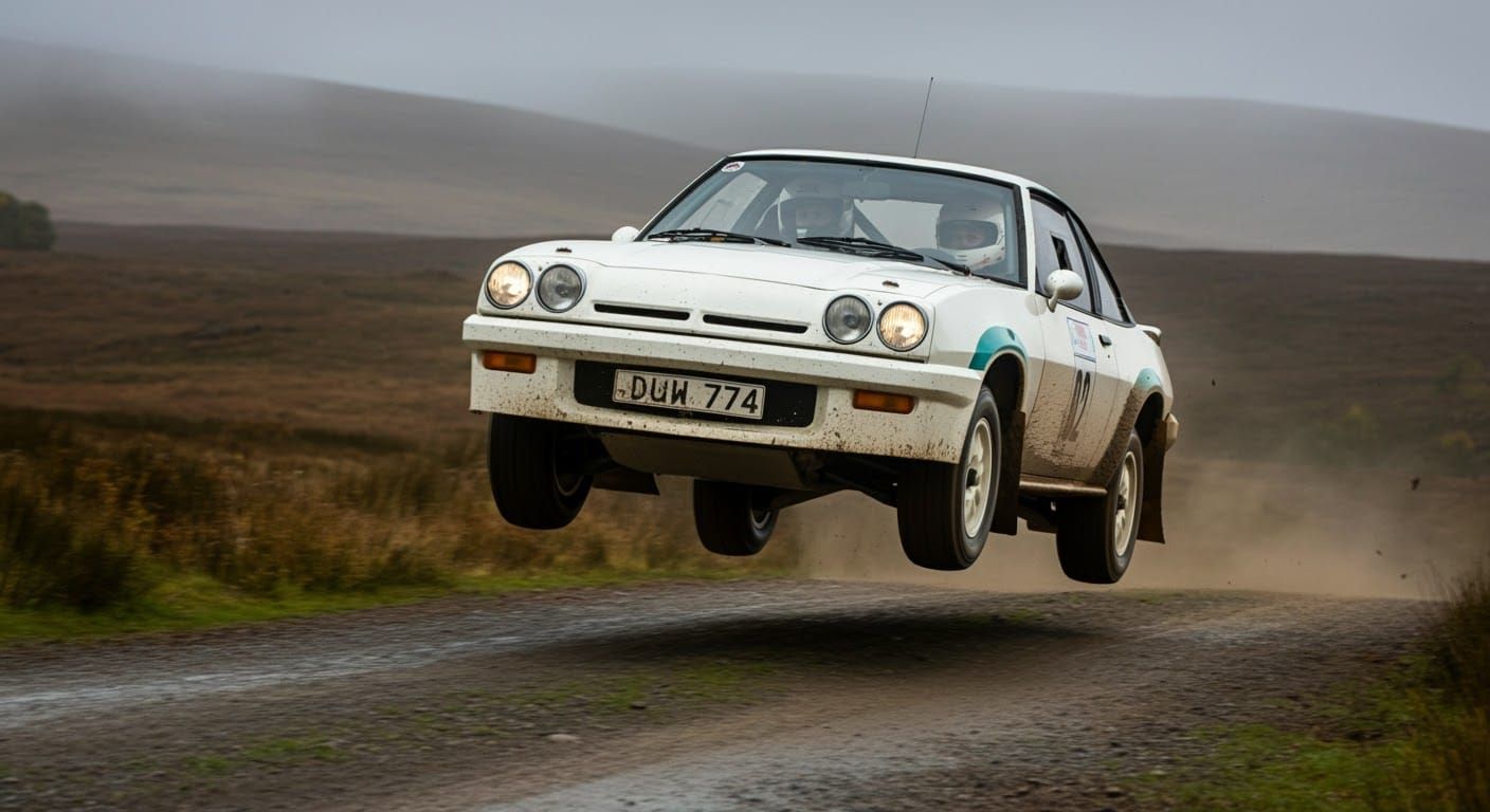 Opel Manta Rally Car Jumps on Scottish Road