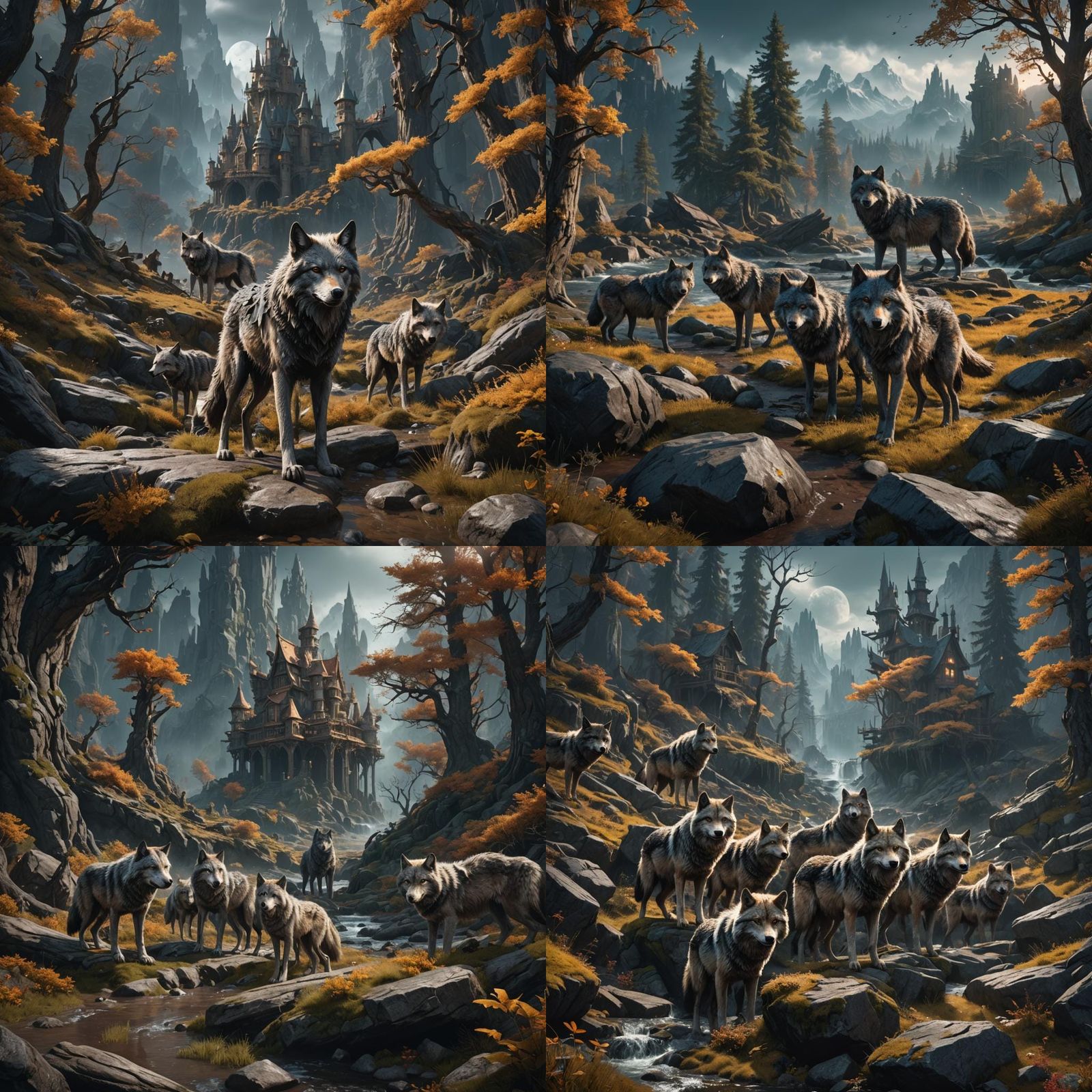 Fantastical Pack of Lone Wolves in Detailed Matte Painting
