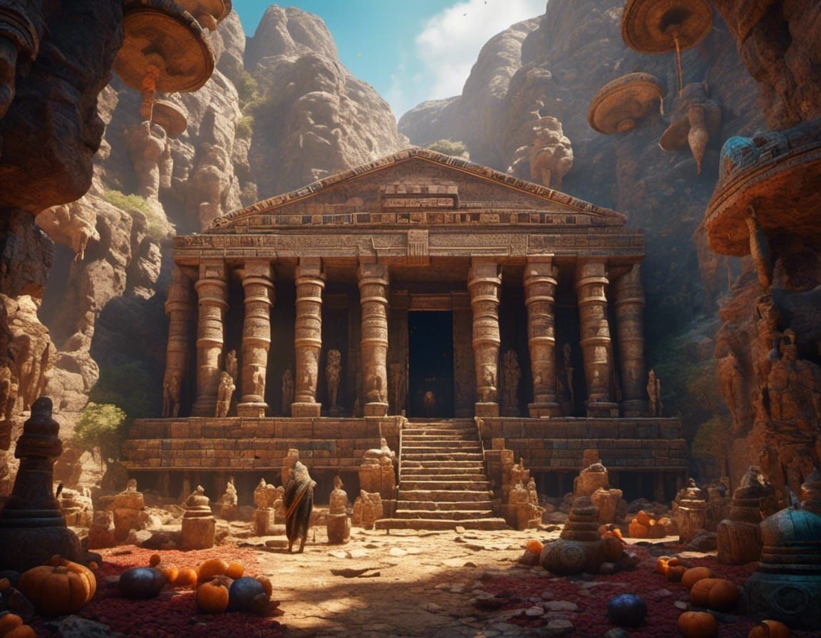 Ancient Assyrian Temple with Idols and Food