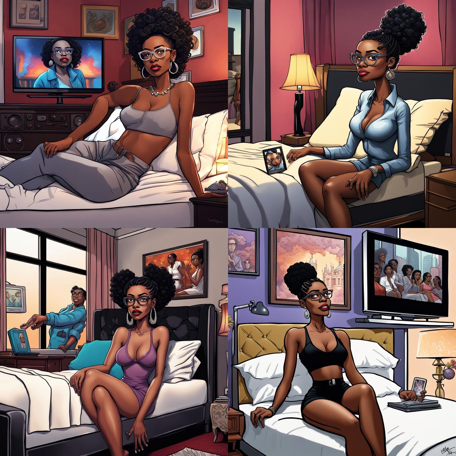 Cartoon of Woman with 4C Hair Watching TV