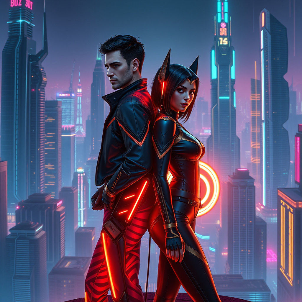 Sam and Quorra in Cyberpunk Cityscape