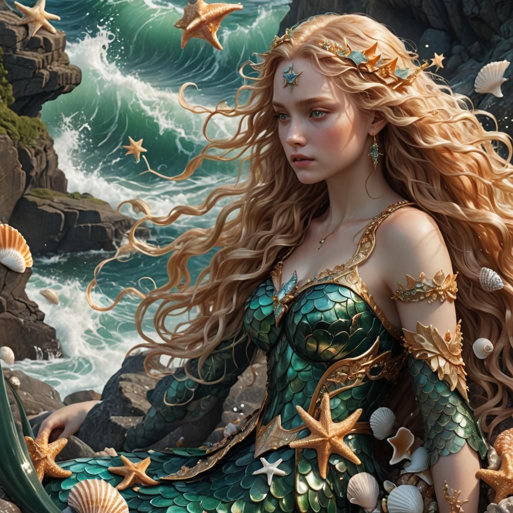 Golden-Haired Siren on Rocky Shore: Fantasy Art