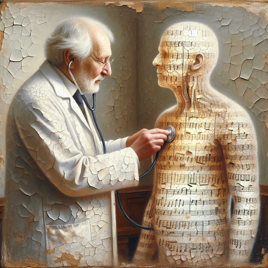 Doctor Listens to Musical Patient: Oil Painting