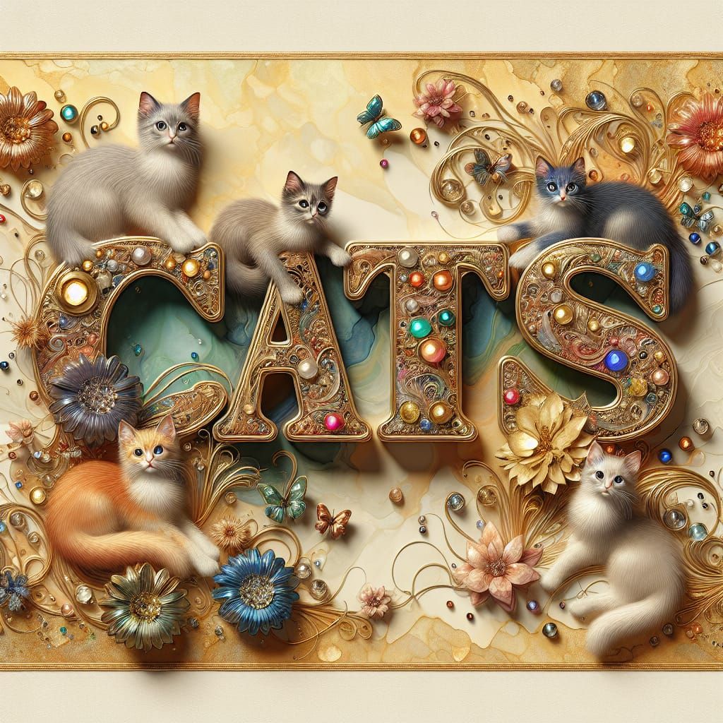 Ornate CATS Word Art with Cats and Gold