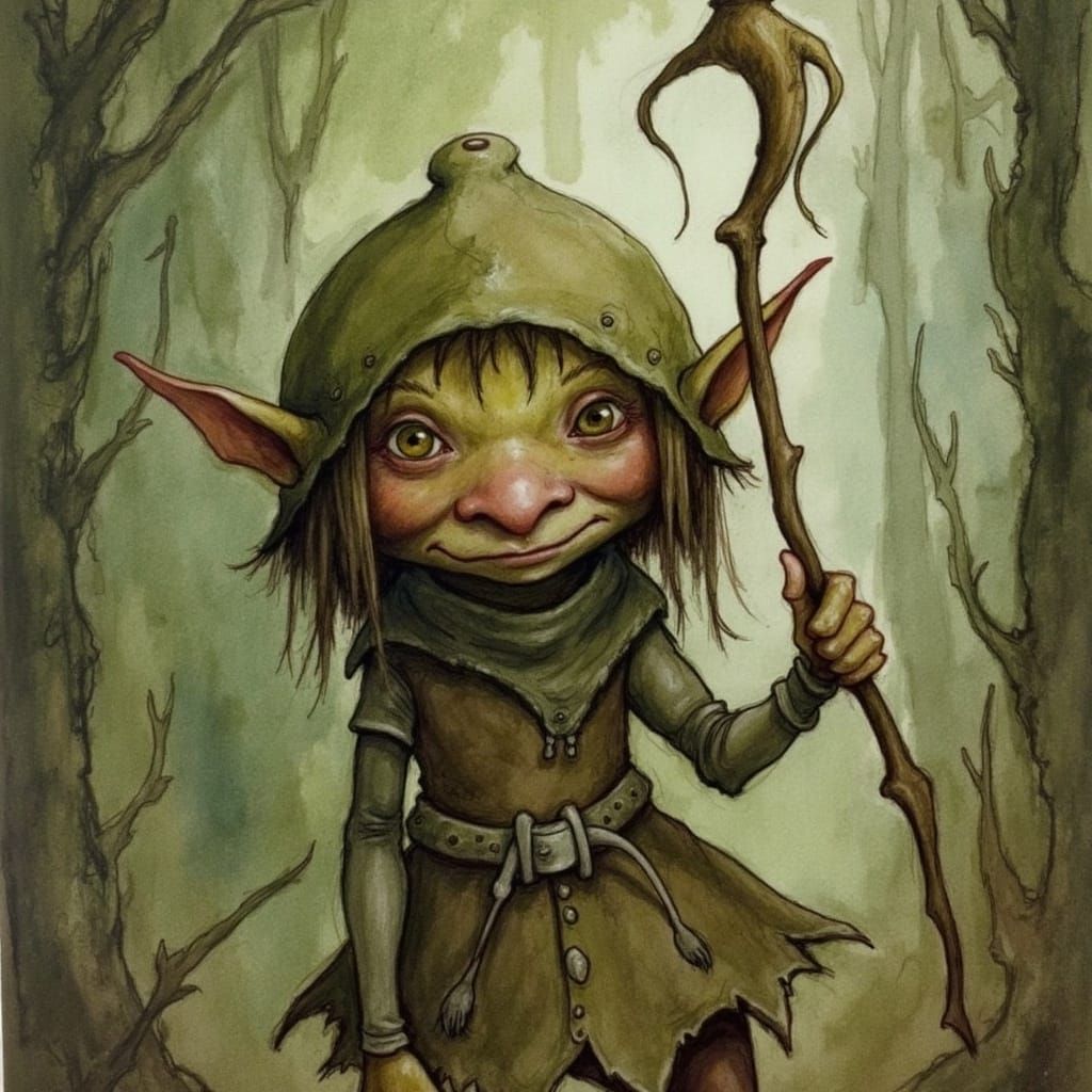Whimsical Goblin Girl in Forest, Storybook Illustration
