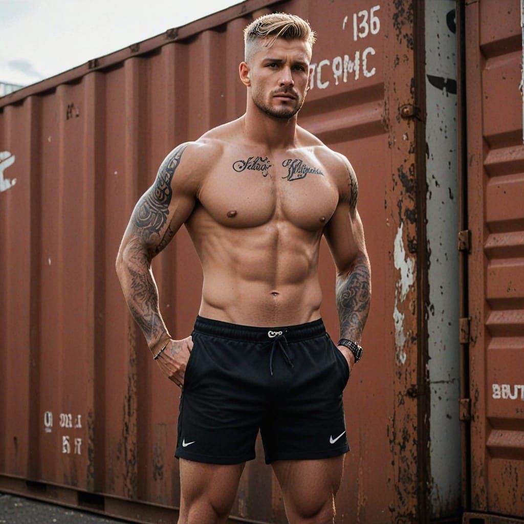 Tattooed Model Portrait in Dockside Shipping Container