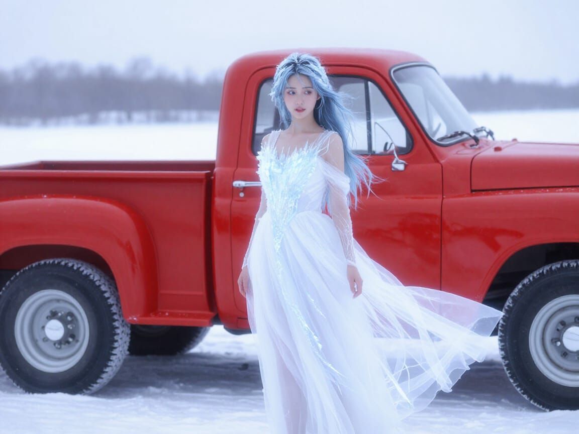 Winter Fantasy Girl by Vintage Truck in Snowy Landscape