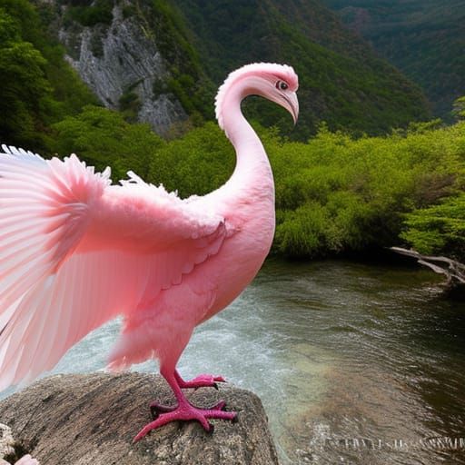 Pink Feathered Dragon Soaring Above Mountain River