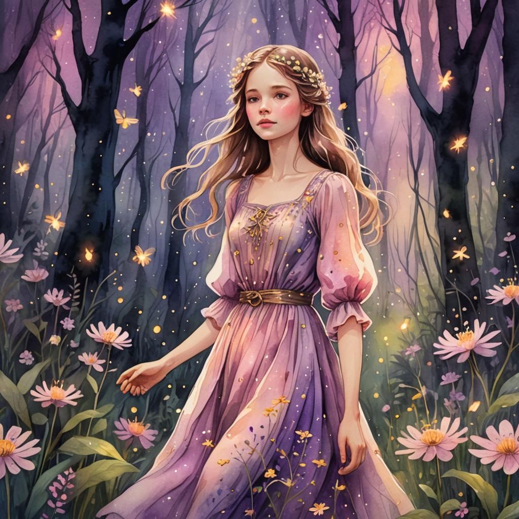 Whimsical Forest Girl in Watercolor Fantasy Illustration