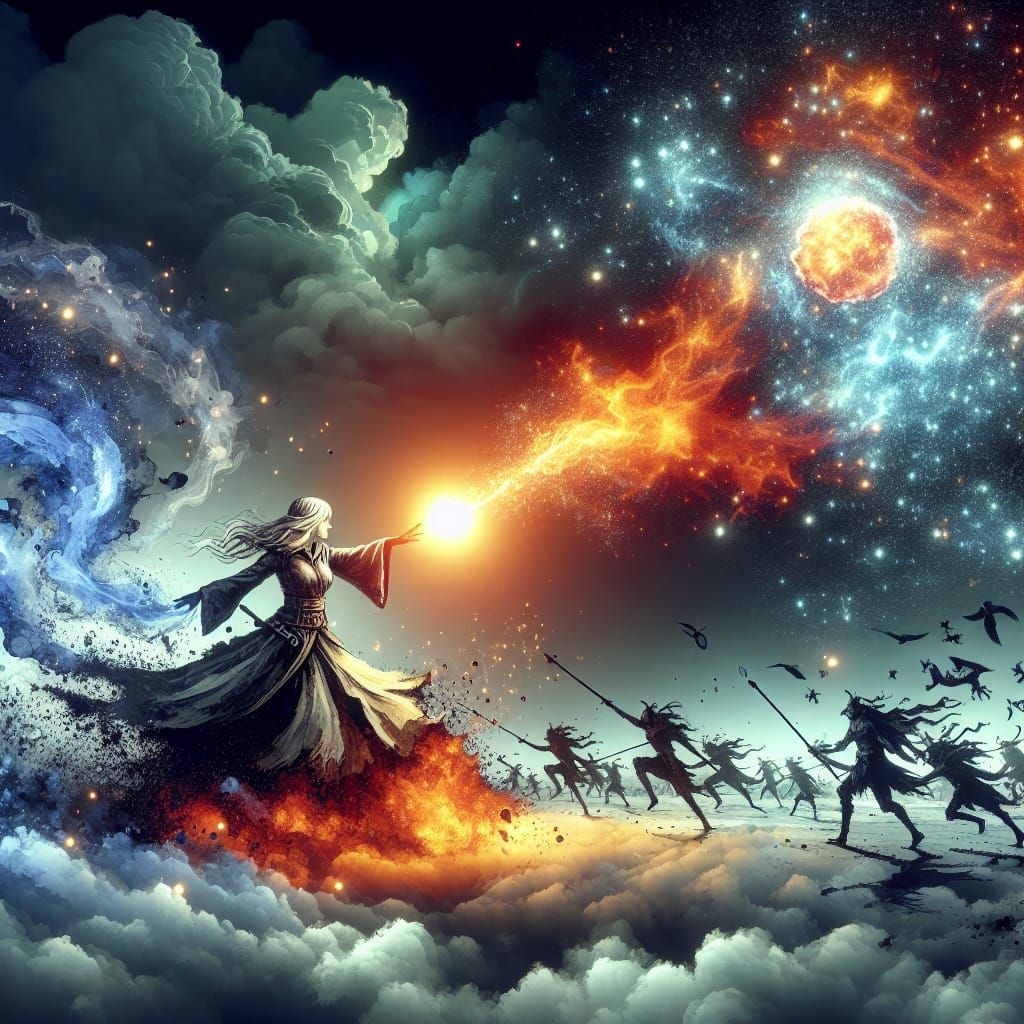 Sorceress on Battlefield Watercolor Painting