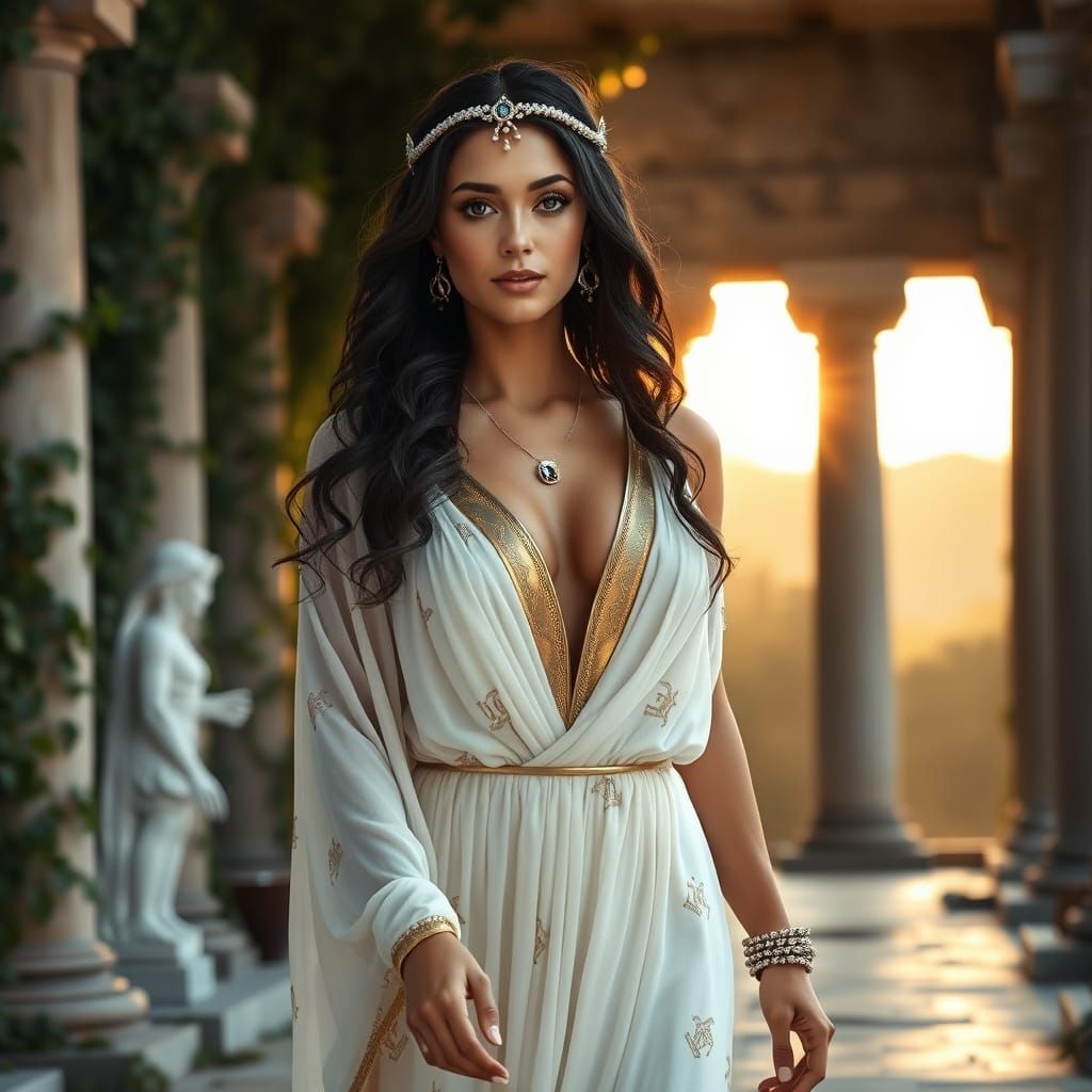 Ethereal Woman in Greek Gown at Temple Ruins