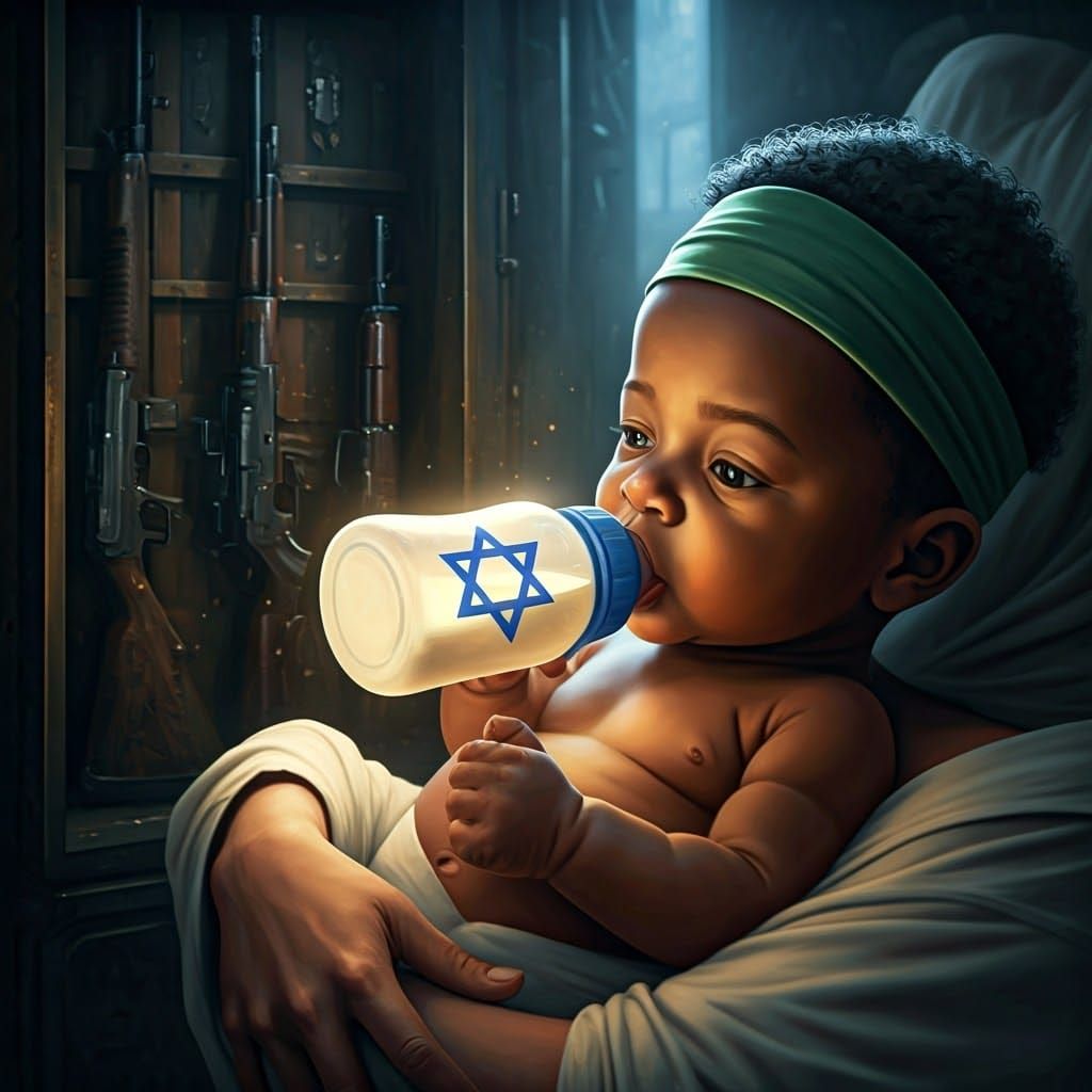 Dark Skinned Baby in Serene Scene with Firearms in Backgroun...