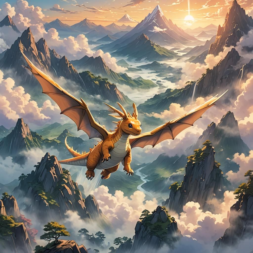Dragonite Soaring Through Misty Mountains: Anime Concept Art