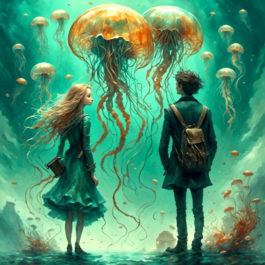 Hopeful Couple Gazing at a Jellyfish Sky
