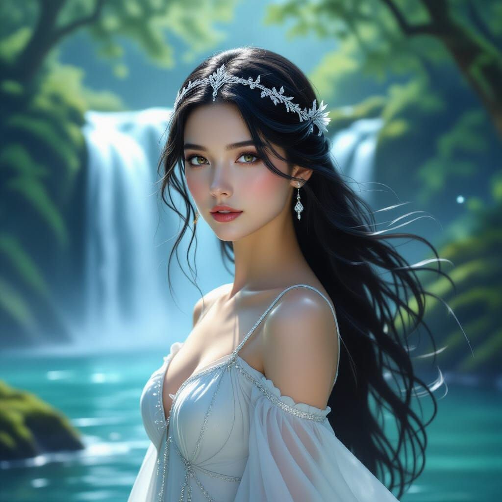 Ethereal Woman by Forest Waterfall in Fantasy Art Style