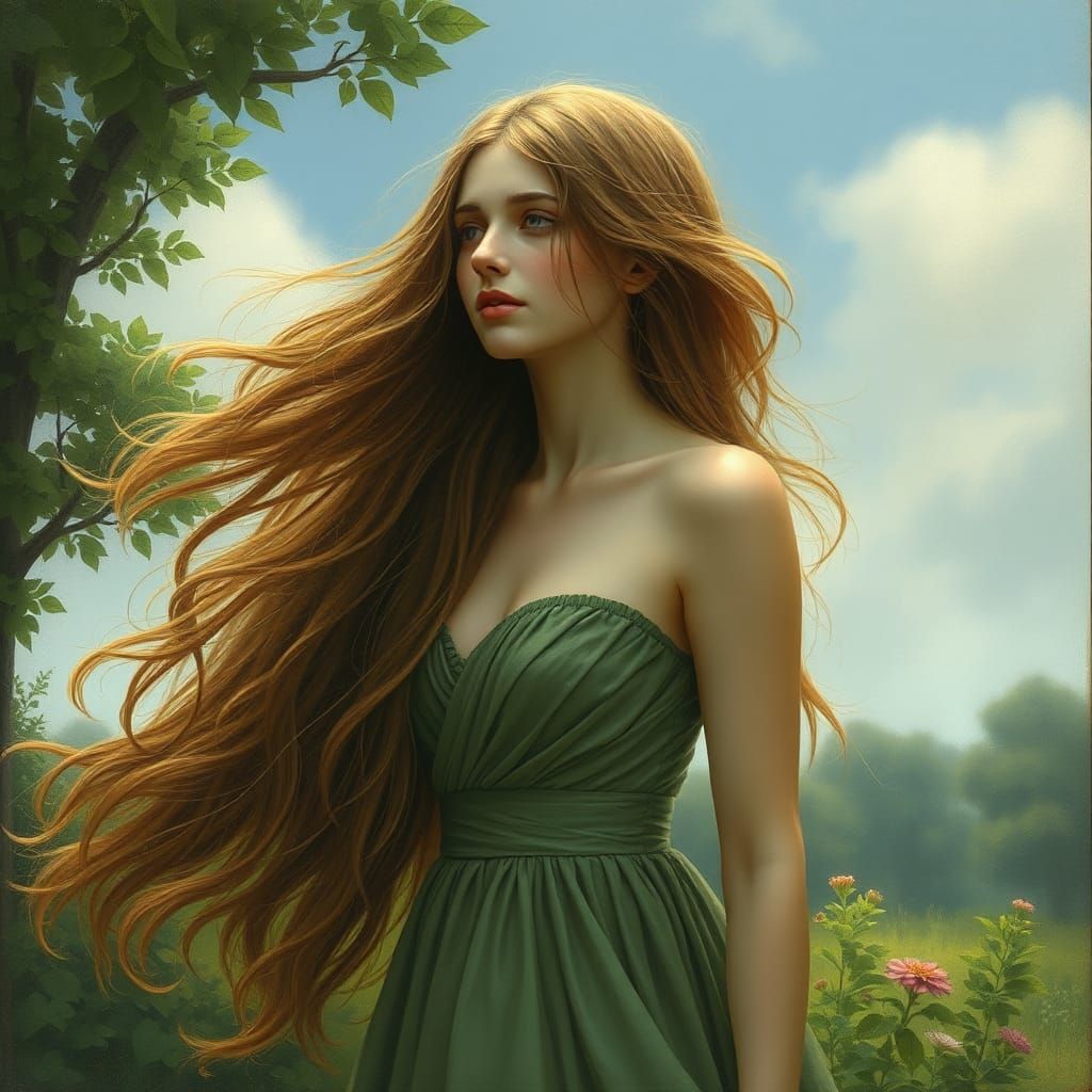 Ethereal Woman in Windswept Landscape, Surreal Art