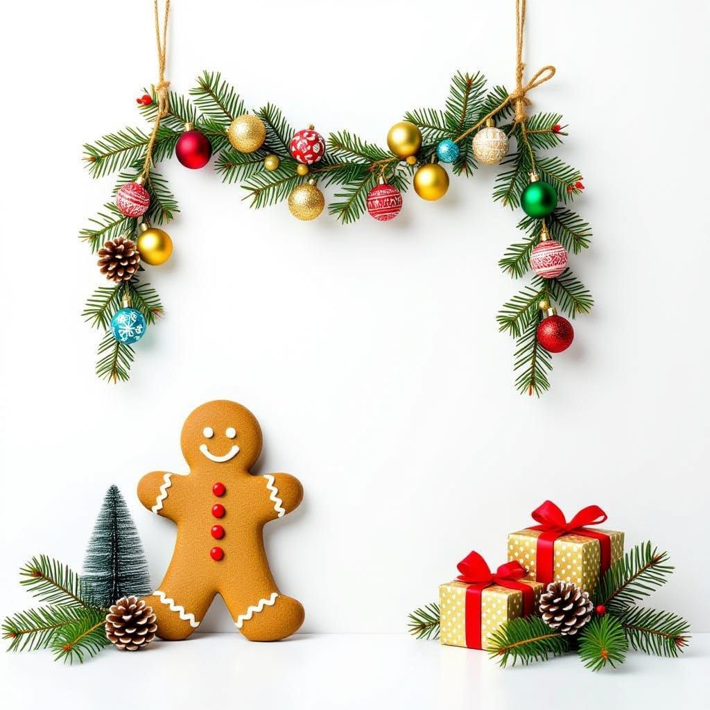 Gingerbread Man with Gifts and Garlands on White