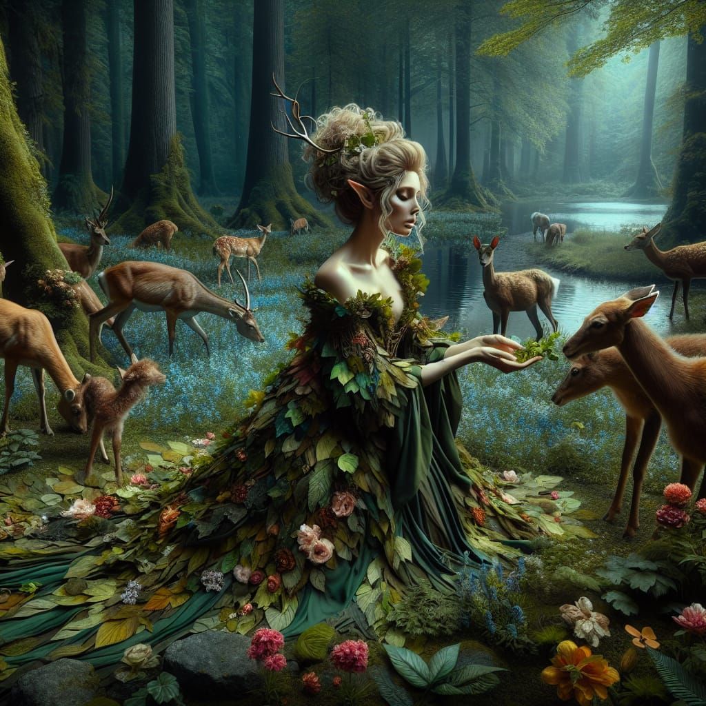 Enchanting Elf Feeds Deer in Maximalist Forest