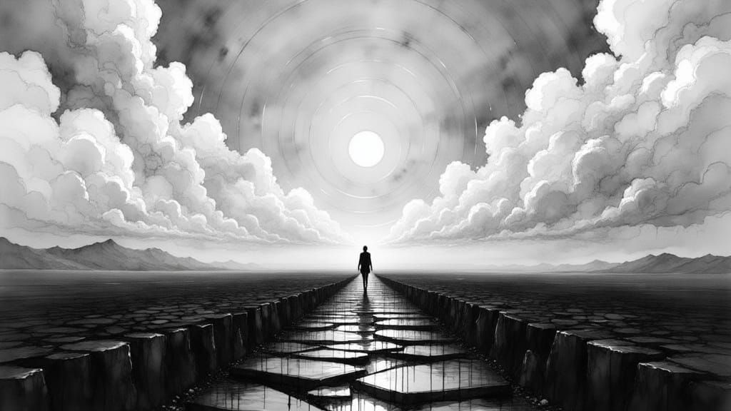 Mysterious Figure in a Dreamlike Monochromatic Landscape