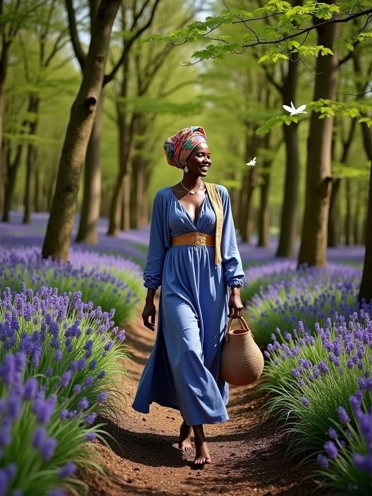 African Woman in Bluebell Wood, Photorealistic Style