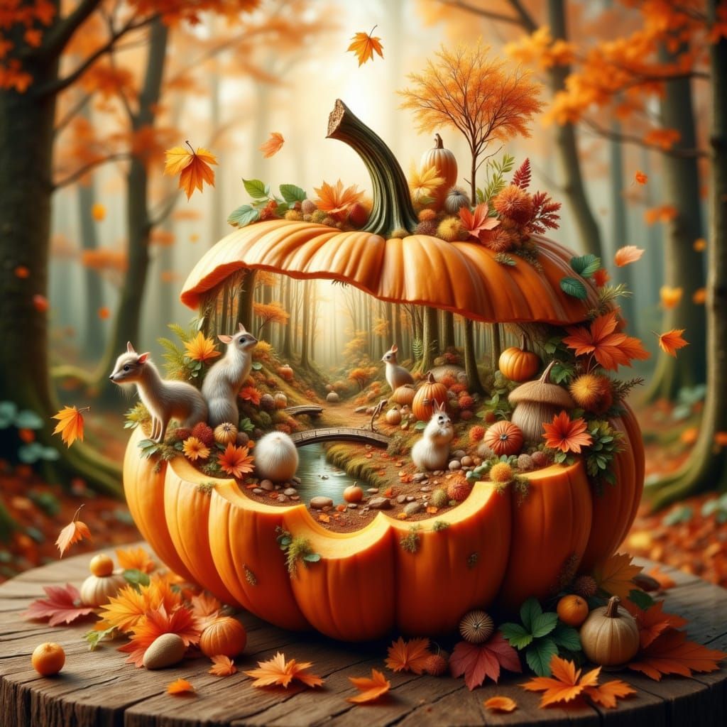 Whimsical Miniature Autumn World Inside a Hollow Pumpkin