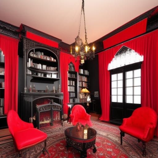 Gothic Victorian penthouse with Black walls with Red accents& gothic Victorian windows with gothic red curtains& Red Got...