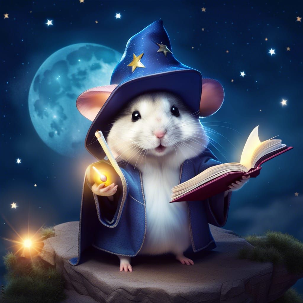 Hamster Wizard with Magic Book Under Full Moon