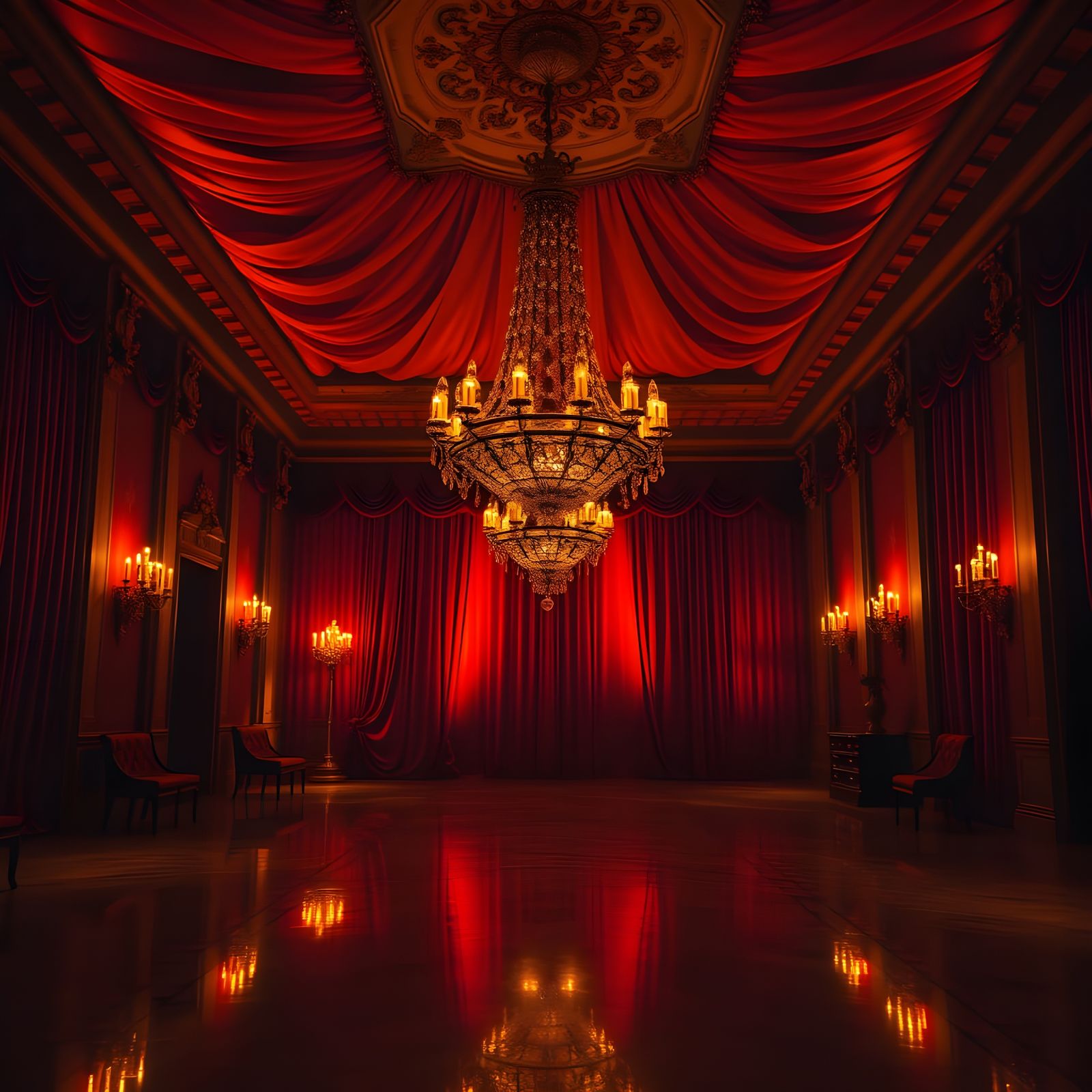 Baroque Ballroom Aglow with Orange Light