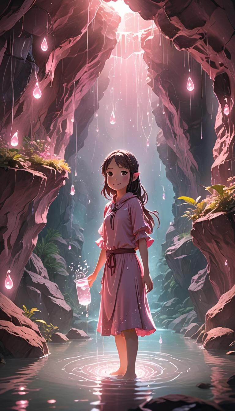 Anime Water Girl in Pink with Glowing Water