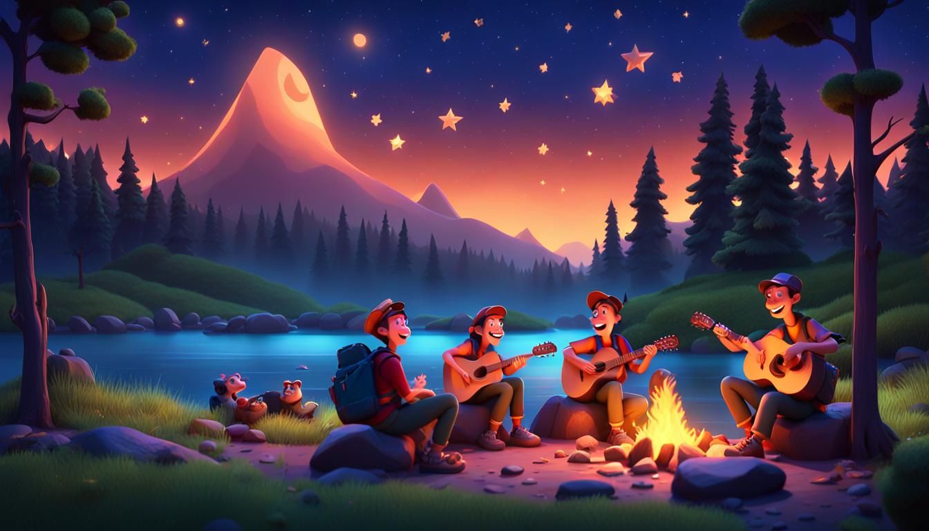 Hikers Campfire Under Starry Sky: 3D Digital Art