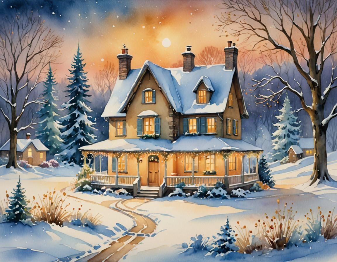 Festive Winter House in Watercolor Landscape