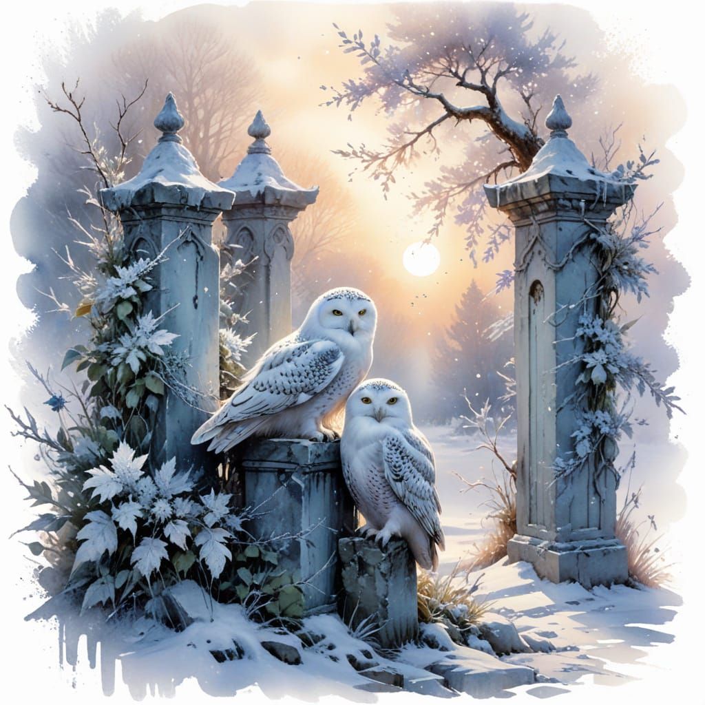 Snowy Owls Embrace on Winter Solstice: Watercolor