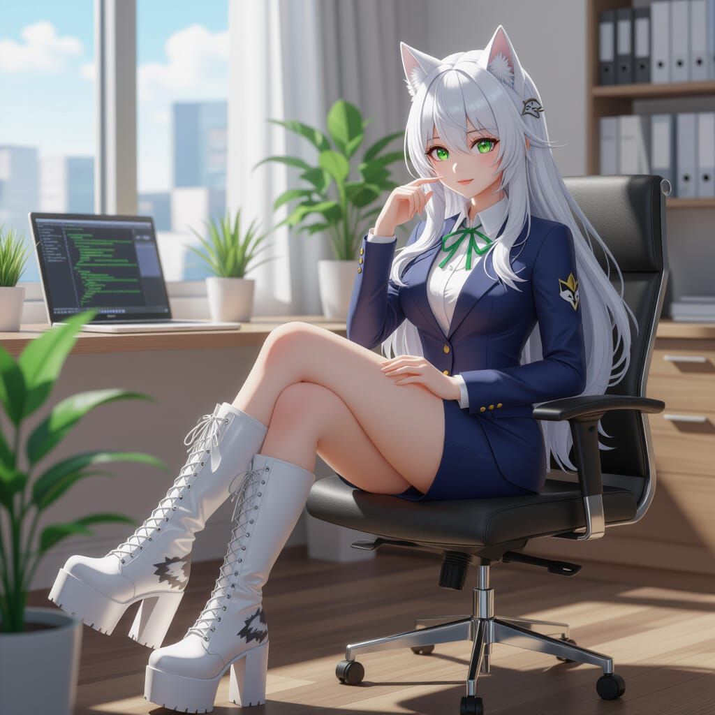Adorable Anime Woman in Office Suit with Wolf Boots