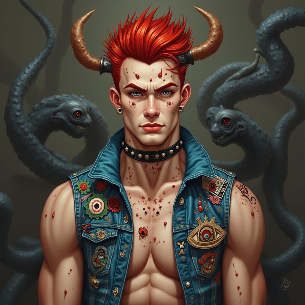 Androgynous Wolf Cut Figure with Asymmetric Eyes and Horns