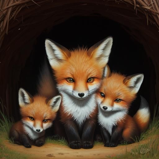 Cute Baby Foxes Cuddled in Den as Oil Painting