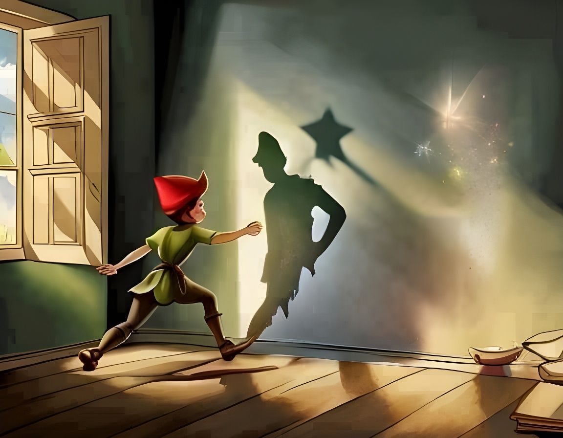 Peter Pan Trying to Catch His Shadow With Tink