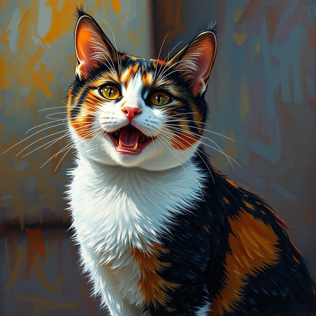 Vibrant Neo-Expressionist Calico Cat in Dreamy Landscape