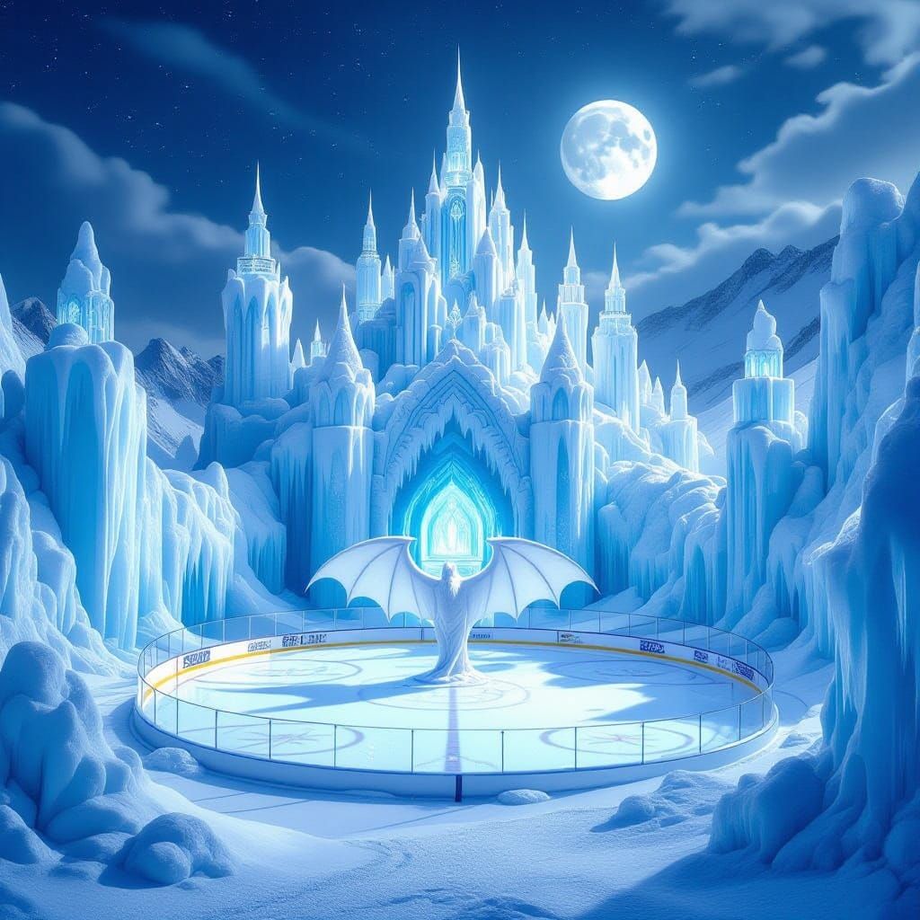 Moonlit Ice Castle Hockey Rink with Giant Snow Bat