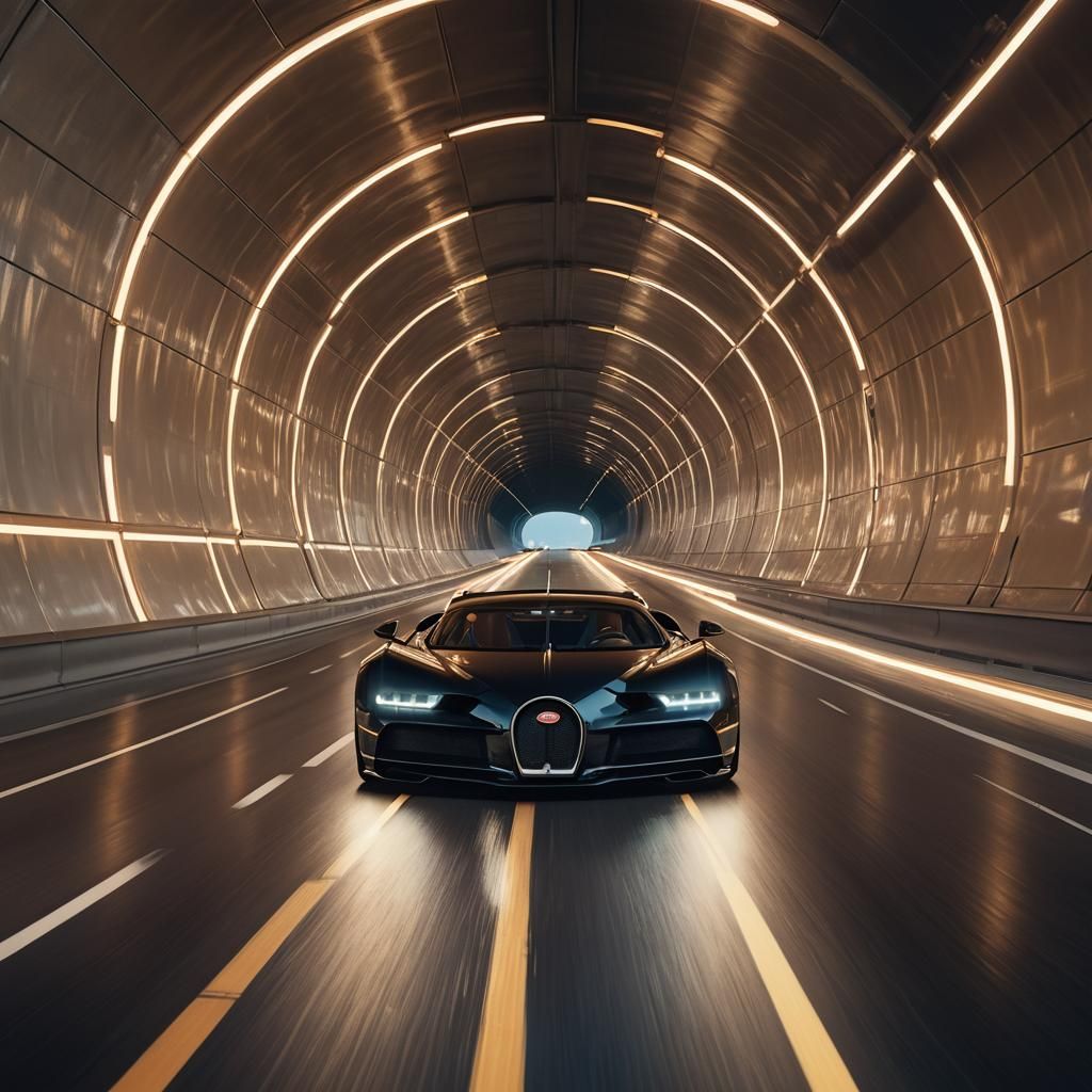 Bugatti Races Through Futuristic Tunnel at Golden Hour