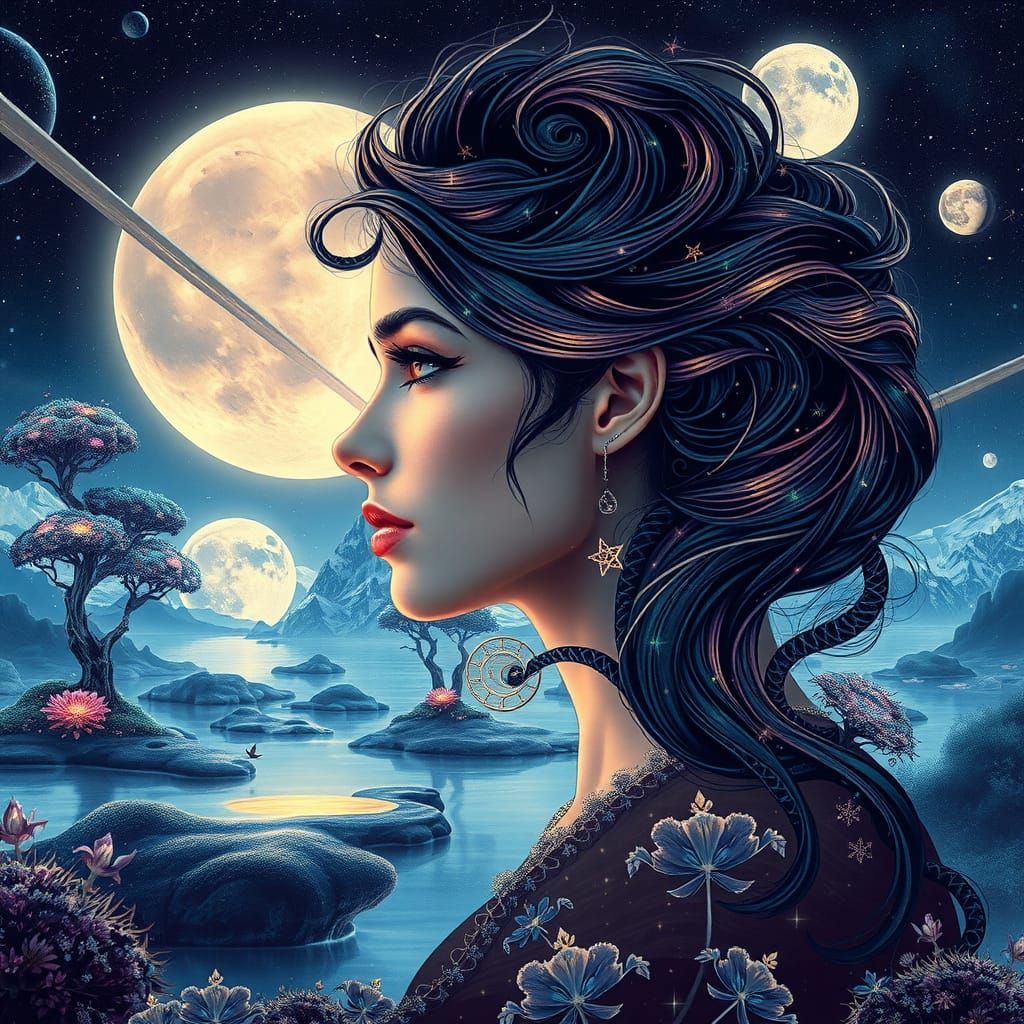 Ethereal Cosmic Goddess Amidst Iridescent Trees