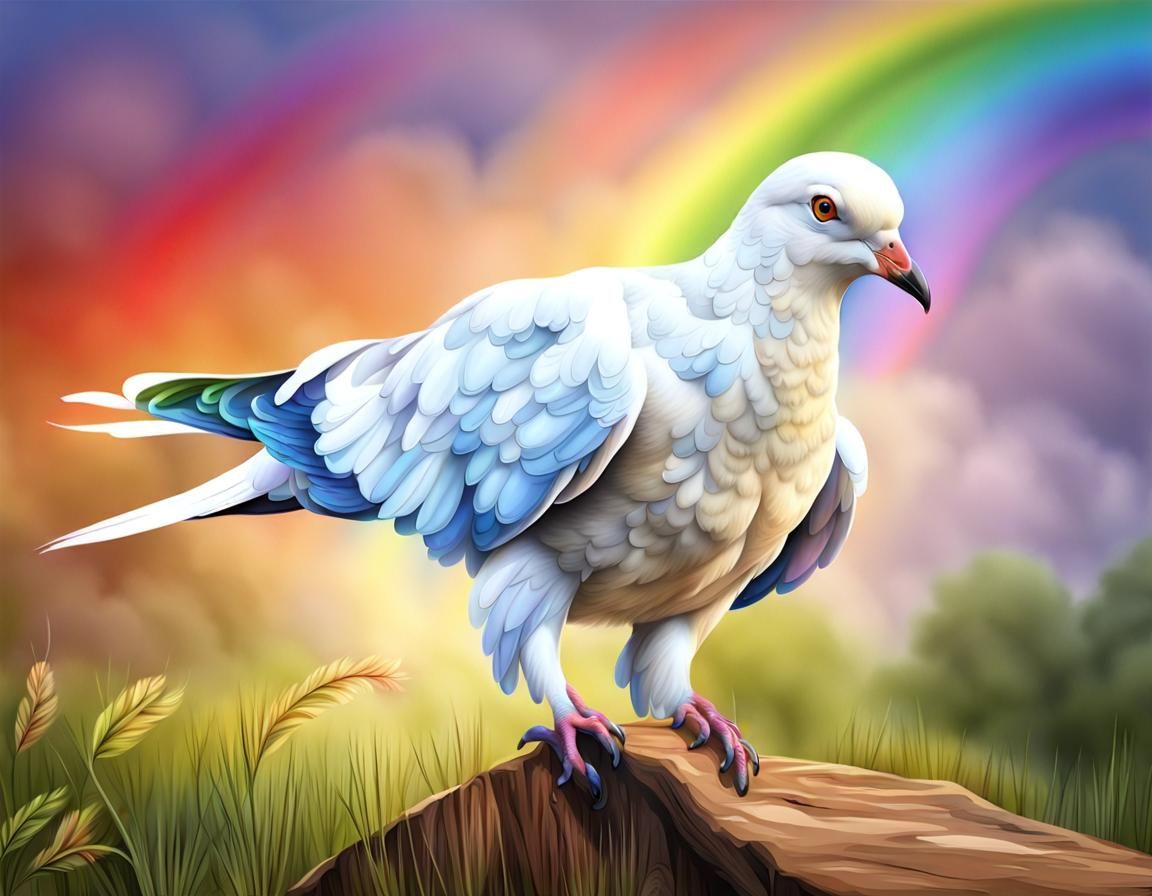 Photorealistic White Dove with Rainbow