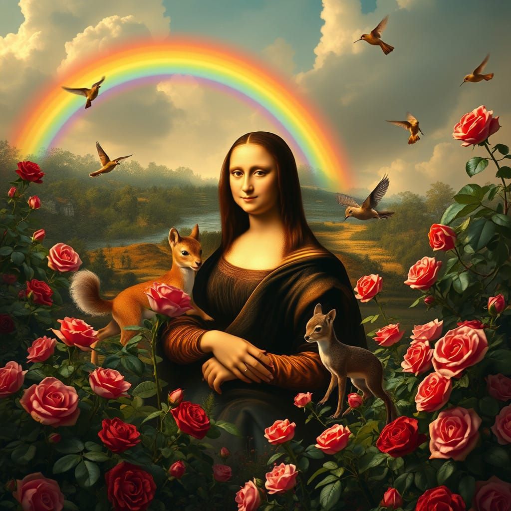 Mona Lisa in Whimsical Garden of Roses and Rainbow