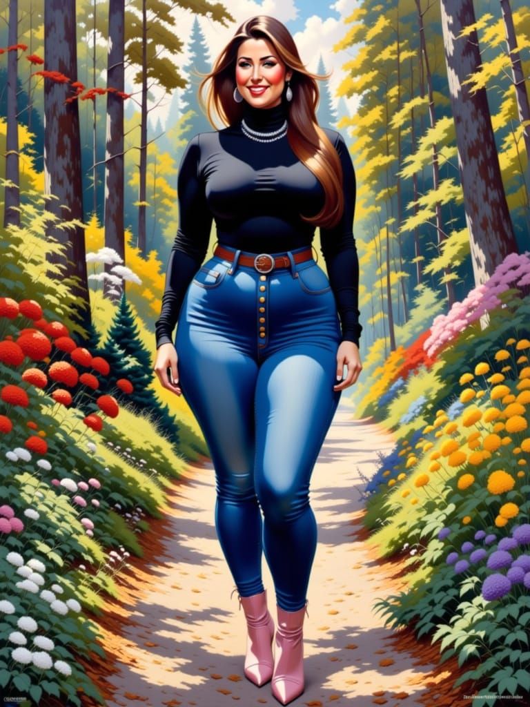 Enticing Woman in Garden: Oil and Ink Painting