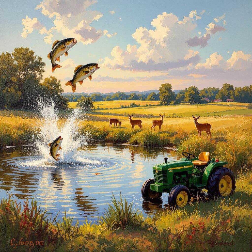 Impressionistic Oil Painting of a Tranquil Fishing Pond with...