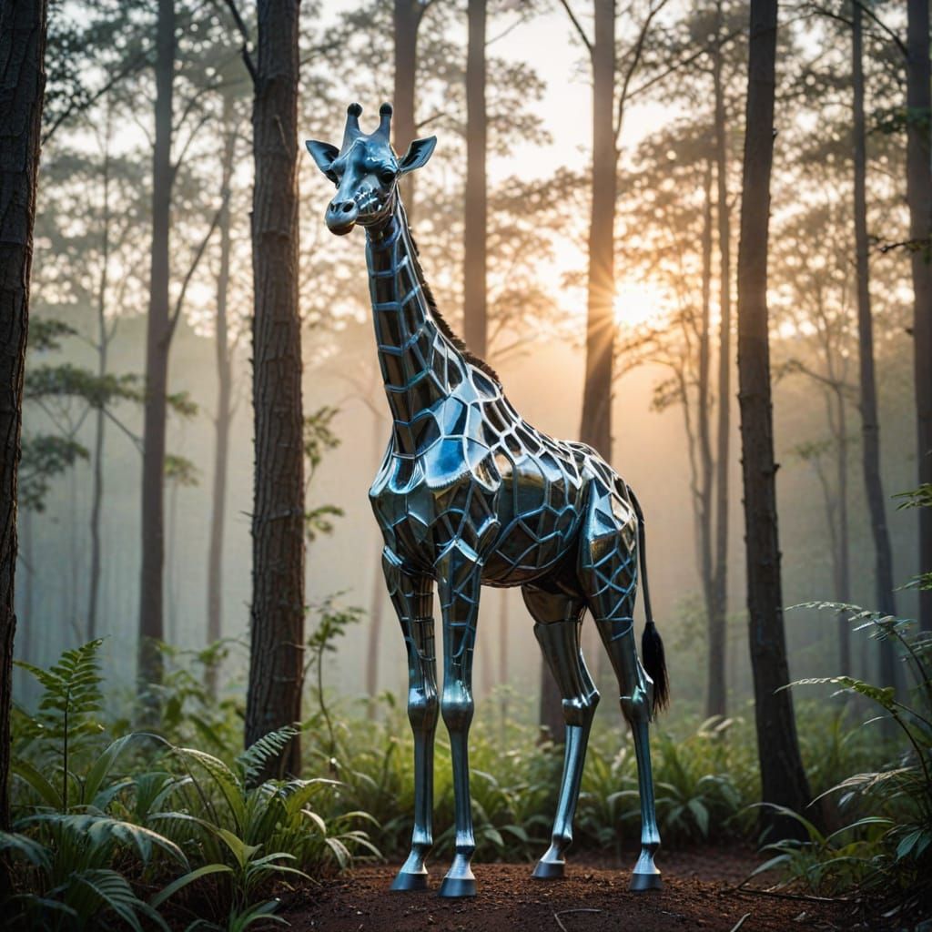 A Chrome Giraffe Dominates a Moody Forest Landscape