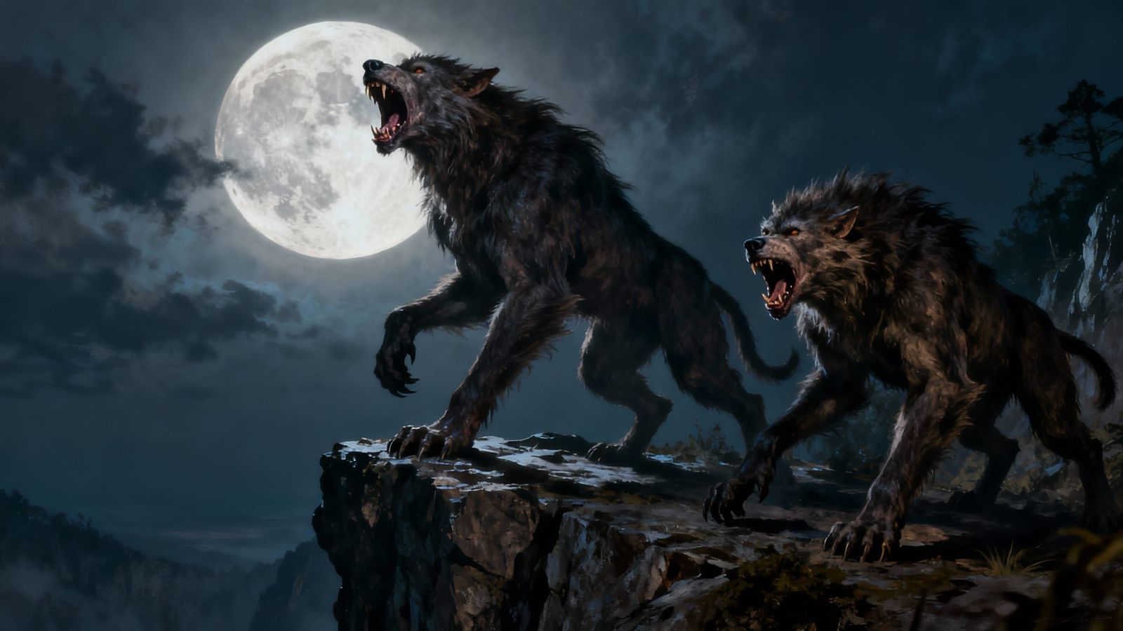 Monstrous Werewolves Howling at Full Moon