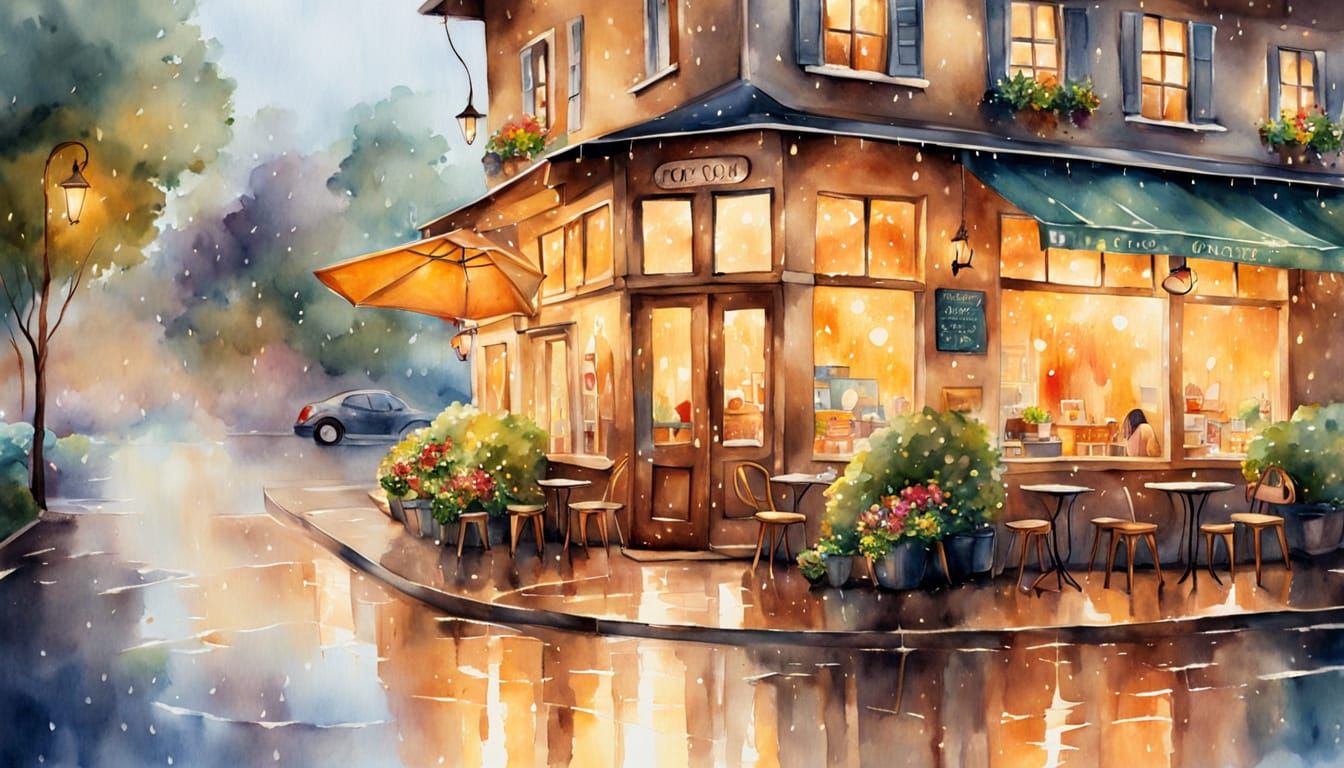 Cozy Cafe in Rain, Watercolor Painting