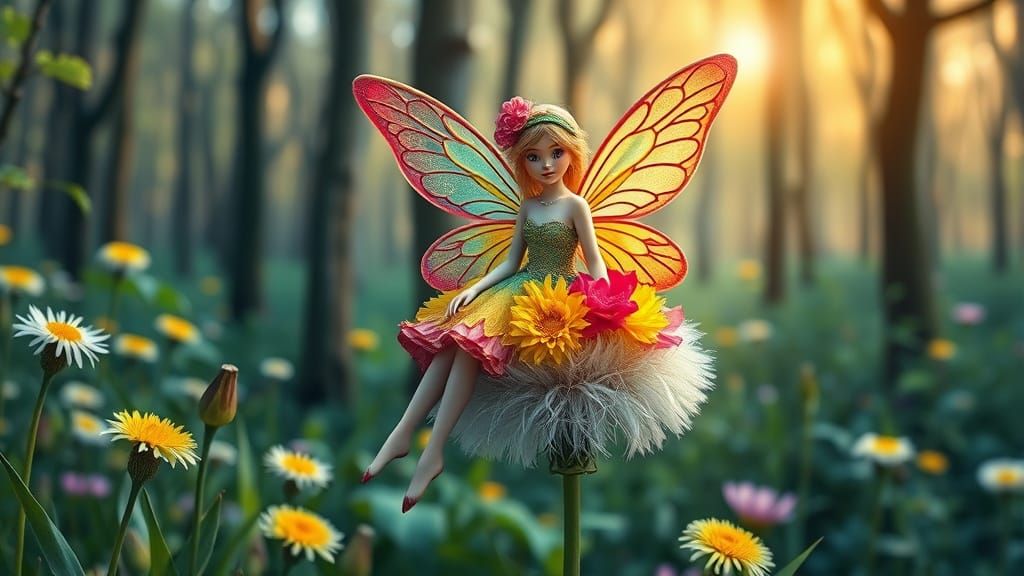 Enchanting Fairy on Dandelion in Spring Forest